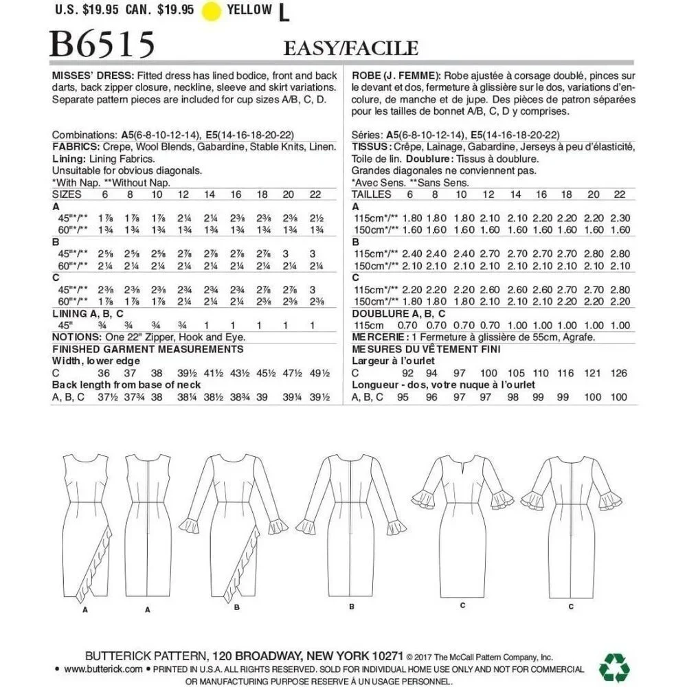 Butterick Sewing Pattern 6515 Ruffle Dress Misses Size 14-22‎